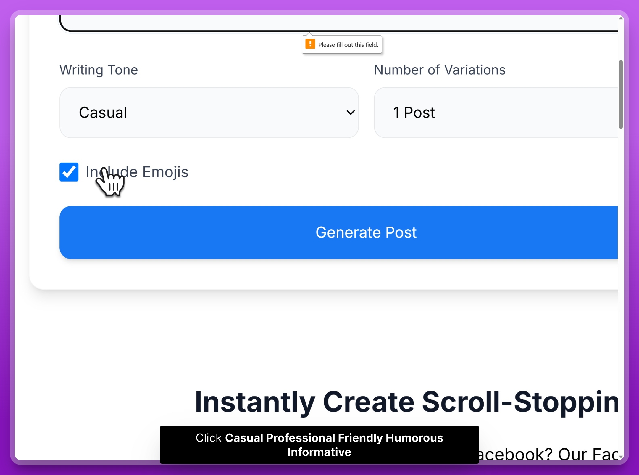 Generated Facebook post results showing engaging content with Copy, Download, and Clear buttons for easy management